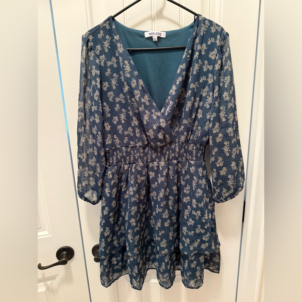 Mimi Chica dress| Large | Green with gold floral design. Elastic waistband.